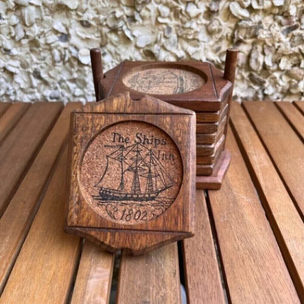 Vintage Woodcrest Nautical Styson Coasters The Ships Inn Wood Cork